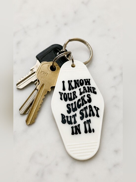 Handmade Accessories - Retro Motel Keychain Funny Stay In Your Lane Quote Black White Keyring